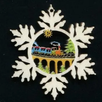 Vánoční dekorace AMADEA Dřevěná ozdoba barevná vločka s vláčkem 6 cm