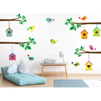 Samolepící dekorace Ptáci a budky samolepky na zeď arch 45 x 25 cm