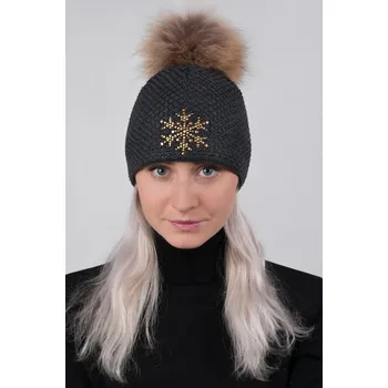 Čepice R-JET Antracitově šedá dámská zimní pletená čepice se zlatou vločkou a pravou kožešinovou bambulí