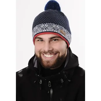 Čepice R-JET Modrá pánská zimní pletená čepice s bambulí a žakárovým vzorem s červeným pruhem