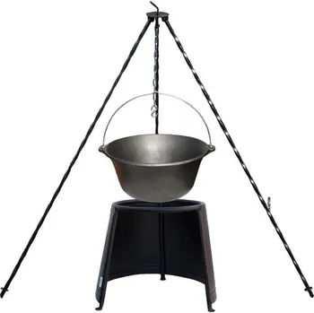 Kempingové nádobí Litinový kotlík 16 L + chránič plamene (Ohnisko) 43 cm + klasická ocelová trojnožka 1,2 m