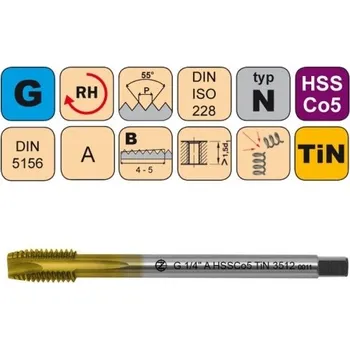 Závitořezný nástroj NÁSTROJE CZ Strojní závitník /CZZ3512/ pro trubkový závit s přímou drážkou a lamačem třísek CZZ Závit: G1/4"-A