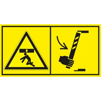 Nebezpečí stlačení shora - Zajisti podpěrou před vstupem do prostoru stroje samolepící vinylová fólie 45 x 85 mm