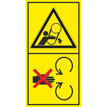 Nebezpečí pásový pohon - Neodstraňuj bezpečnostní kryt pokud je stroj v běhu samolepící vinylová fólie 85 x 45 mm