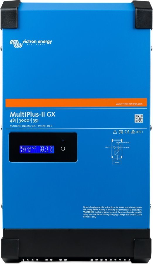 Hybridní měnič/nabíječ MultiPlus-II GX 48V/3000VA/35A-32A (Výkonný DC-AC hybridní měnič/nabíječ s čistě sinusovým výstupem, s integrovanou adaptivní nabíječkou baterií a ultra rychlým transferovým přepínačem zdroje napájení (baterie/ externí AC zdroj) )