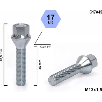 Šroubek na kolo Kolový šroub M12x1,5x45 kužel, klíč 17, C17A45 výška 70,5 mm