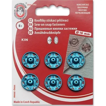 Knoflíky stiskací přišívací KIN Ms průměr 16mm (v.6), metalická tyrkysová, 6ks