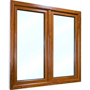 Okno Plastové okno 145x145 cm (1450x1450 mm) | Dvoukřídlé okno se štulpem | Bílé zevnitř | Zlatý dub zvenku | Otevíravé i sklopné | Pravé | 6 komor | 80 mm