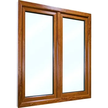 Okno Plastové okno 125x145 cm (1250x1450 mm) | Dvoukřídlé okno se štulpem | Bílé zevnitř | Zlatý dub zvenku | Otevíravé i sklopné | Pravé | 6 komor | 80 mm