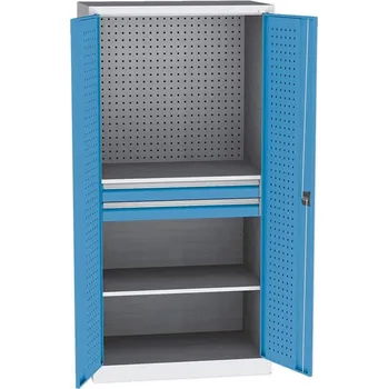 Dílenská skříň na nářadí, v x š x h: 1950 x 950 x 600 mm, perforované panely, 2 x police, 2 x zásuvka, barva šedá RAL7035 / modrá RAL5012