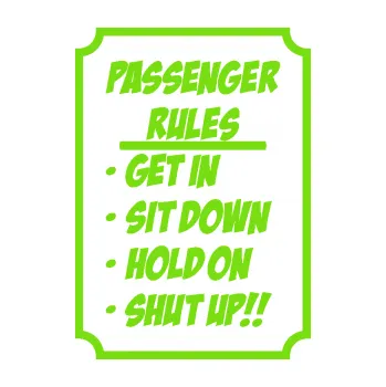 Polep vozidla SAMOLEPKA Passenger rules nápis pravidla pro cestující (04 - zelená kawasaki) NA AUTO, NÁLEPKA, FÓLIE, POLEP, TUNING, VLASTNÍ TEXT, TISK, AUTOSAMOLEPKY.cz, POLEPY, OBRÁZEK, LOGO, SAMOLEPKY