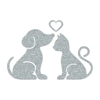 Polep vozidla SAMOLEPKA Pejsek a kočička 001 levá (91 - Ultra Metalic stříbrná metalíza) NA AUTO, NÁLEPKA, FÓLIE, POLEP, TUNING, VLASTNÍ TEXT, TISK, AUTOSAMOLEPKY.cz, POLEPY, OBRÁZEK, LOGO, SAMOLEPKY