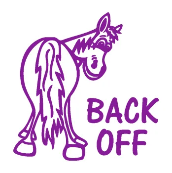 Polep vozidla SAMOLEPKA Back off pravá koník (14 - fialová) NA AUTO, NÁLEPKA, FÓLIE, POLEP, TUNING, VLASTNÍ TEXT, TISK, AUTOSAMOLEPKY.cz, POLEPY, OBRÁZEK, LOGO, SAMOLEPKY