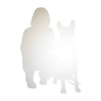 Polep vozidla SAMOLEPKA Pes 083 pravá Německý ovčák s pánem (82 - odrazková reflexní bílá) NA AUTO, NÁLEPKA, FÓLIE, POLEP, TUNING, VLASTNÍ TEXT, TISK, AUTOSAMOLEPKY.cz, POLEPY, OBRÁZEK, LOGO, SAMOLEPKY