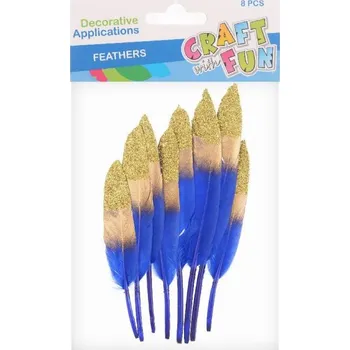 Peří modré 8ks se zlatými glitry 13cm