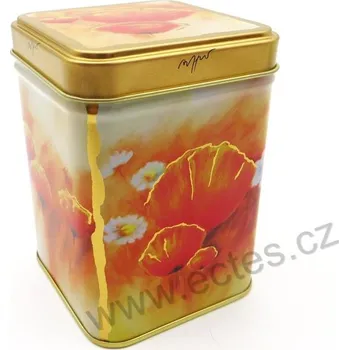 Dóza na potraviny POPPY FLOWER plechová dóza na čaj 7420 zářivé vlčí máky a sedmikrásky se zlatým zdobením