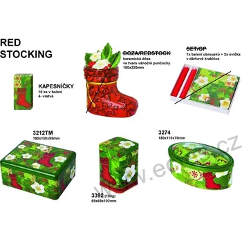 Dóza na potraviny IHR RED STOCKING plechová dóza na cukroví 3212 červená punčocha, bílé květy čemeřice a listy cesmíny