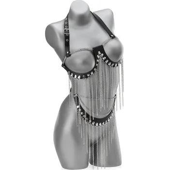 KOMPLET BDSM S ŘETÍZKY PODPRSENKA S ODHALENÝM POPRSÍM + PÁS - 7521264