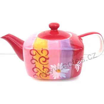 Konvice na čaj ChaCult TILDA červenorůžová větší keramická konvice s bílou kopretinou a ornamenty 1000 ml