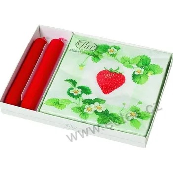 Svíčka IHR STRAWBERRY JAHODY dárková sada: červené svíčky a ubrousky s jahodou, květy a listy