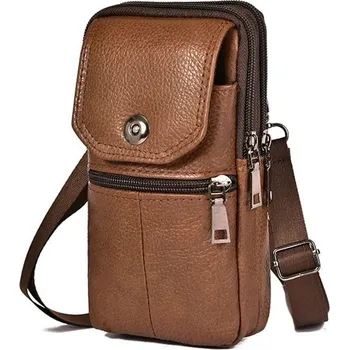 Pánská kožená taška na rameno s více kapsami | víceúčelová kapsa s páskem pro muže - hnědý