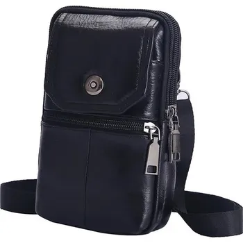Pánská kožená taška na rameno s více kapsami | víceúčelová kapsa s páskem pro muže - Černá