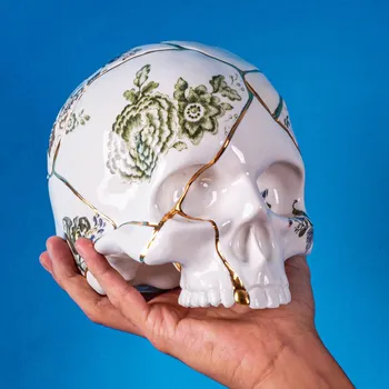 Lampička SELETTI Socha Kintsugi Skull, bílá, porcelán, zlato bílé, zlaté, barevné - Doprava zdarma