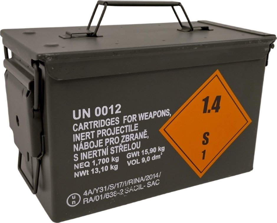 ARMÁDNÍ ORIGINÁL Bedna muniční plechová široká schránka Ammo Box cal. 50 M2A1 originál