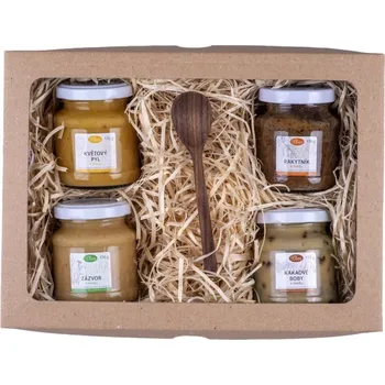 Dárkový potravinový koš Pleva Malá degustace pro každého - Zázvor lékařský v medu 170 g, Rakytník v&nbsp;medu 170 g, Květový pyl v medu 170 g, Kakaové boby v medu 170 g, Dřevěná lžička 13,5 cm, dárková sada