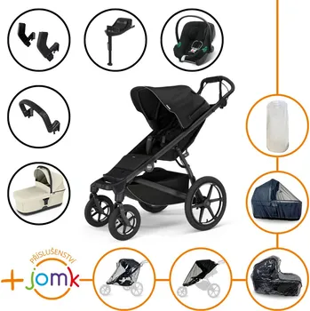 Kočárek Set 11v1 Thule Urban Glide 4-wheel Black + madlo + korbička Soft beige + JOMK příslušenství + autosedačka Cybex s ISOFIX základnou a adaptéry Thule