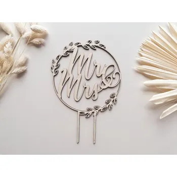 Svatební dekorace Dřevěný zápich - Mr and Mrs v kruhu