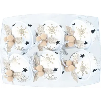 Vánoční dekorace Rolničky 5 cm, 6 ks, bílé se zlatým potiskem