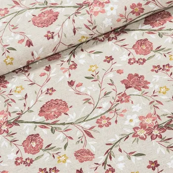 Směsové plátno EVA ČERVENÁ, květy na režné, š.140cm (látka v metráži)