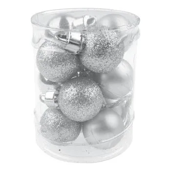 Vánoce Baňky mini stříbrné, plast, mix povrchů 2,5cm, 12ks ve válci