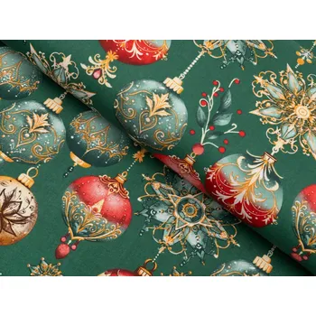 Bavlněná látka/plátno Sandra SA-529 Vánoční baňky na zeleném - šířka 160 cm