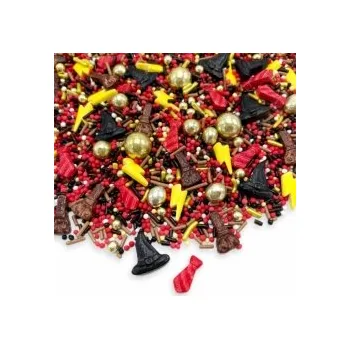 Jedlá dekorace na dort Cukrová dekorace - SVĚT KOUZEL (blesk, klobouk, koště, máček) / 35 g