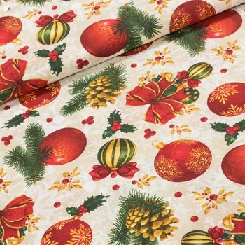 Směsové plátno vánoční LONETA 803030 CORENTIN, baňky a šišky na béžové, š.140cm (látka v metráži)