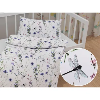 Povlečení Dětské bavlněné povlečení do postýlky Sandra SA-429 Luční kvítí s vážkami Do postýlky 90x140 a 50x70 cm