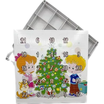 Vánoční dekorace Adventní kalendář "Děti u stromečku" s papírovou vložkou 28x28x2 cm