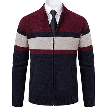 Pánský svetr Pánský pruhovaný kardigan na zip Velikost: M, Barva (Varianta): 8950Wine red