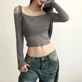 Přiléhavý crop top s dlouhými rukávy Barva: Šedá, Velikost: M