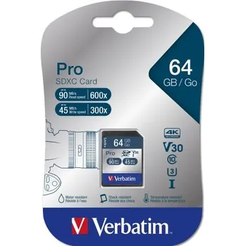 Paměťová karta Karta SD SDXC 64 GB XC Verbatim, řada: PRO -25 → plus 50°C 600x