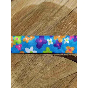 Textilie Šlová pruženka s potiskem šíře 25 mm tyrkys s květy