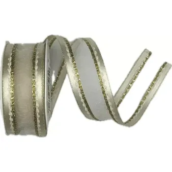 Stuha Stuha organzová MONDAN GOLDEN SHINE zlatá PREMIUM 25mm x 2m (13,-Kč/m) (Stuha organzová, saténové okraje, zlaté prošívání, s vlascem v lemu)