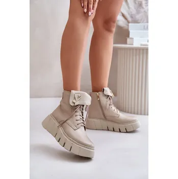 Dámské kozačky Zazoo 60511 Kožené Boty Dámské Na Platformě Zateplené Barva: Béžová, Velikost: 40