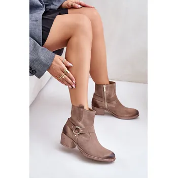 Dámské kozačky Semišové zateplené boty na podpatku Zazoo 60477 Barva: Béžová, Velikost: 40