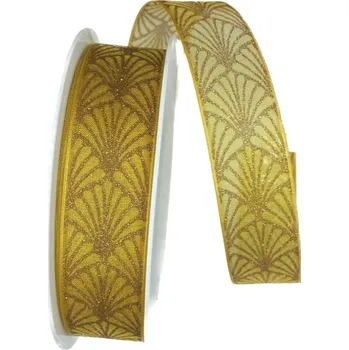 Stuha Stuha vánoční organzová GLAMOUR FESTIVAL GOLD 25mm x 2m (13,-Kč/m) (Stuha vánoční organzová, potisk se zlatým glitrem, s vlascem v lemu)