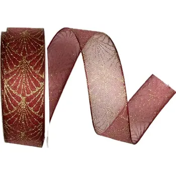 Stuha Stuha vánoční organzová GLAMOUR FESTIVAL CARDINAL 25mm x 2m (13,-Kč/m) (Stuha vánoční organzová, potisk se zlatým glitrem, s vlascem v lemu)