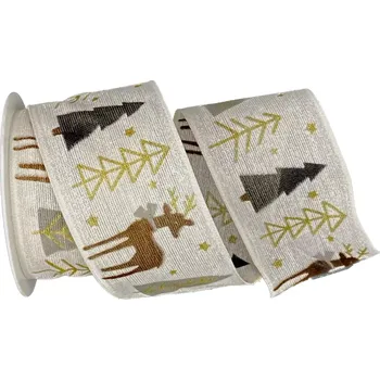 Stuha Vánoční bavlněná stuha WINTER FOREST DEER WHITE bílá 40mm x 2m (14,-Kč/m) (Vánoční stuha bílá, bavlněná, jednostranný potisk, s drátkem v lemu)