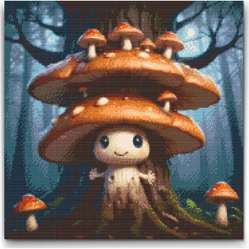 Diamantové malování Diamantové malování - Houbový skřítek ve stromě Velikost: 50x50cm, Rámování: Pouze srolované plátno, Diamanty: Kulaté